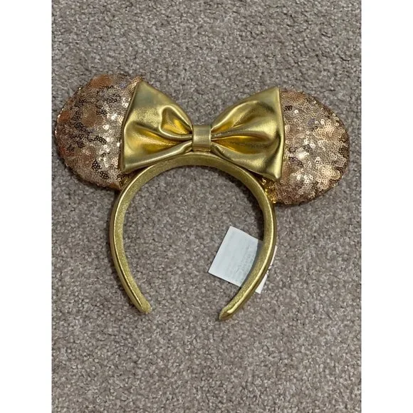 Disney Gold Sequin Minnie Mouse Ears Headband With Bow One Size - Picture 3 of 6